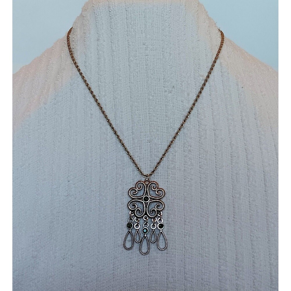 Vintage Inspired Silvertone Celtic Scrollwork Green Crystal Pendant Necklace 20"